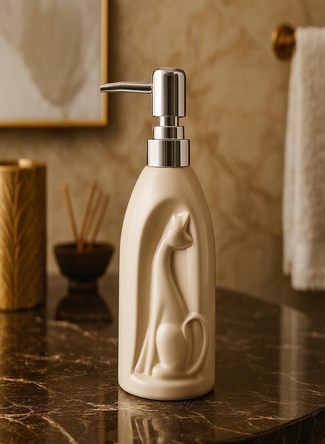 Whizzo Ceramic Cat Design Soap Dispenser with Chrome Pump | Refillable Lotion & Hand Wash Bottle for Bathroom & Kitchen (360ML, LD-201-Cat, Beige) - Image 1